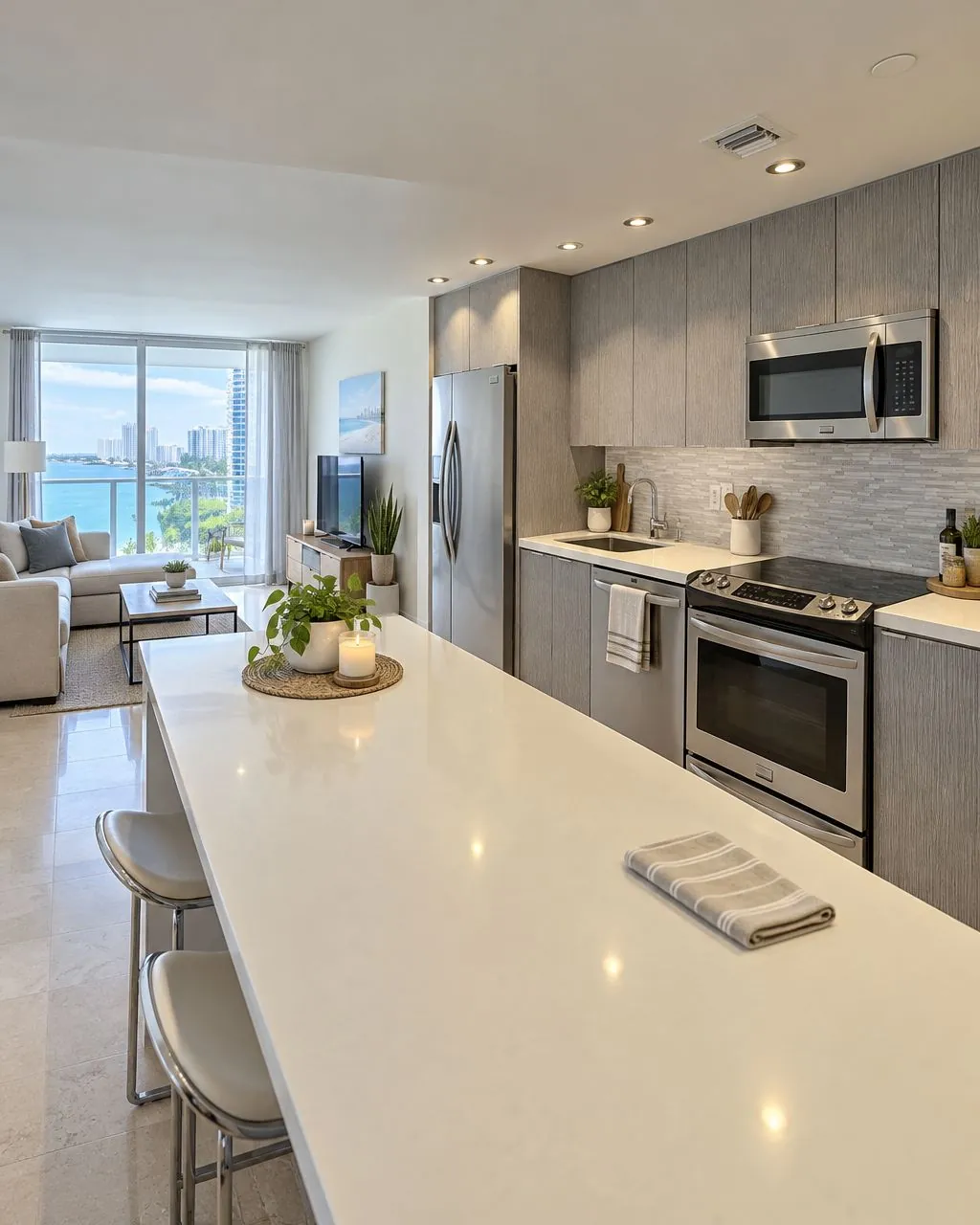 Ilustración de la cocina y la sala de un condominio en Miami, con cubiertas limpias y gabinetes grises.