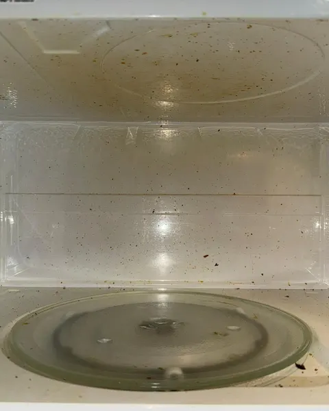 Before: white microwave interior with food splatters on the walls, ceiling and glass plate.