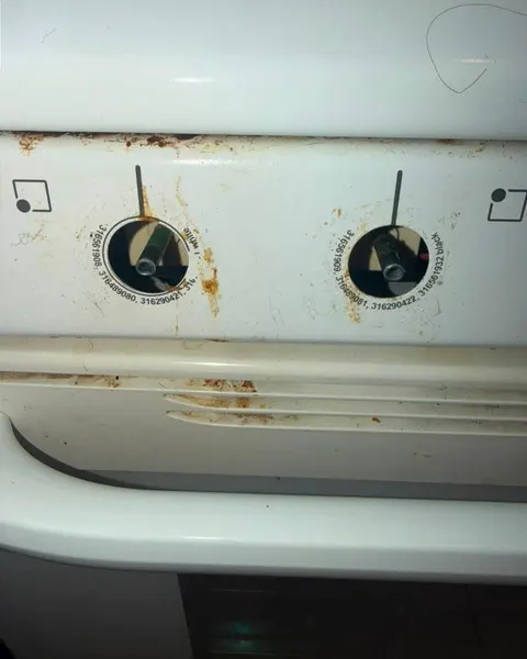 Before: white oven control panel and door handle with brown residue and two control knobs removed.