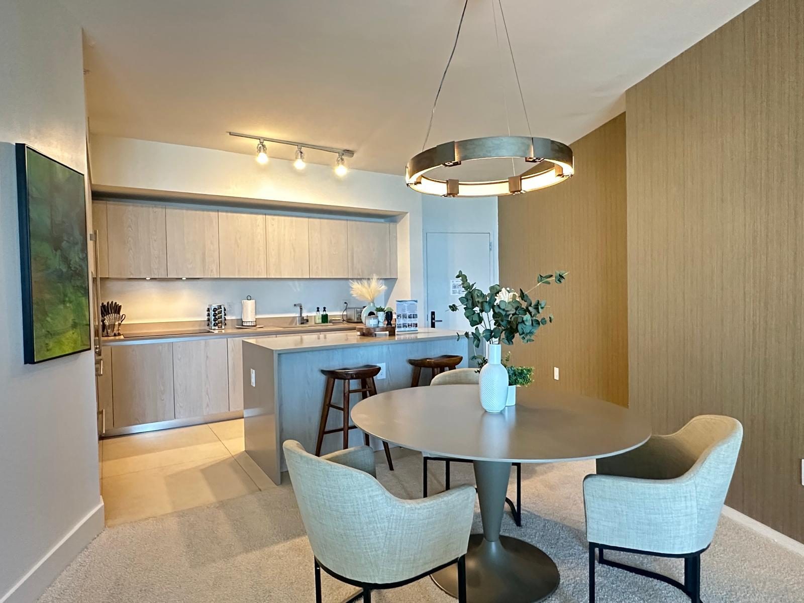 Dining and kitchen, styled clean